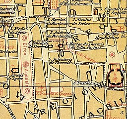 San Salvatore in Thermis (här benämnd S. Salvatoris de Thermis) på Christian Hülsens karta över det medeltida Rom från år 1927.