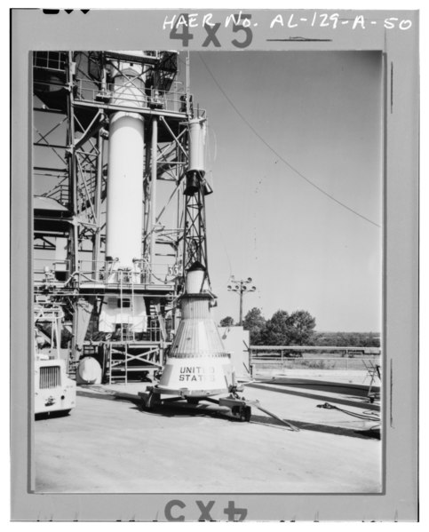 File:HISTORIC CLOSE-UP VIEW OF THE MERCURY CAPSULE ON THE GROUND BEFORE BEING HOISTED ON TOP OF THE REDSTONE ROCKET. - Marshall Space Flight Center, Redstone Rocket (Missile) Test HAER ALA,45-HUVI.V,7A-50.tif