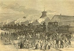 Blockade of engines at Martinsburg, West Virginia, during strike in 1877 Harpers 8 11 1877 Blockade of Engines at Martinsburg W VA.jpg