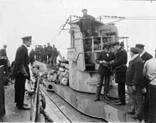 Surrender of U-Boats at Harwich: A British officer boards a U-boat at Harwich to examine her papers Harwich Force U-boat boarding.jpg