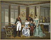 最初のナポレオン失脚後の1814年5月、マルメゾン城で反仏連合軍司令官ロシア皇帝アレクサンドル1世と会見するウジェーヌ・ド・ボアルネ（伯父）、ジョゼフィーヌ・ド・ボアルネ（祖母）、オルタンス・ド・ボアルネ（母）、ナポレオン・ルイ（兄）、ルイ・ナポレオンを描いた絵画。