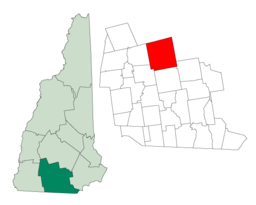 Weares beliggenhed (rødt) i Hillsborough County (hvidt) og Hillsborough Countys beliggenhed (mørkegrøn) i New Hampshire (lysgrønt)