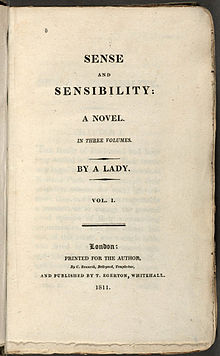 La pagina del titolo recita "Senso e sentimento: un romanzo. In tre volumi. Da una signora. Vol. I. Londra: stampato per l'autore, da C. Roxworth, Bell-yard, Temple-bar e pubblicato da T. Egerton, Whitehall, 1811.