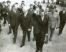 Nicolae Ceausescu (right) visiting Czechoslovakia in 1968; here, with Alexander Dubcek and Ludvik Svoboda IICCR G539 Ceausescu Dubcek Svoboda.jpg