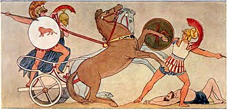 Illustration of the Trojan War from Homer's Iliad, largely regarded as one of the most violent literary texts Iliad for Boys and Girls-1907-0008.jpg