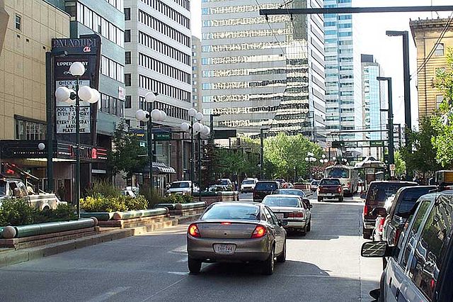 Jasper Avenue and 103 Street in Downtown Edmonton. Jasper Avenue is the city's "main street".