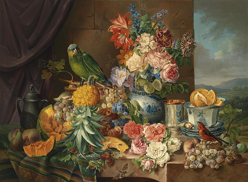 File:Josef Schuster Stillleben mit Früchten Blumen und Papagei 1836.jpg