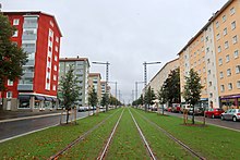 Tram tracks on the grass on Sammonkatu in autumn 2019. Kaleva ratikka.jpg