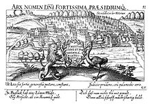 Ansicht von Steinfurth 1624 mit Allegorie auf die Wappentiere der Löw von Steinfurth im Thesaurus Philopoliticus