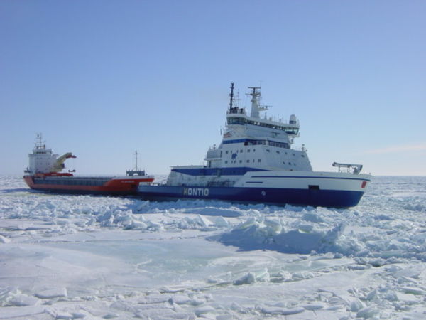 The icebreaker Kontio, which in this picture became stuck in drift ice while towing a cargo ship in pack ice in the northern Baltic sea