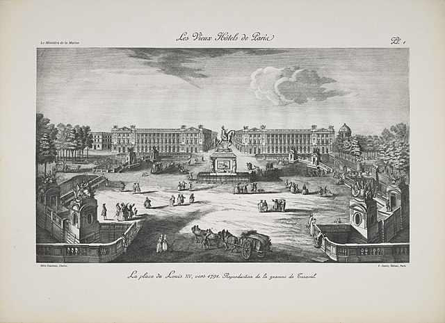 Place Louis XV (now Place de la Concorde) in about 1791, with the Hôtel de la Marine on the right