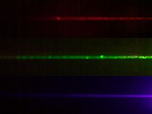 Laser beams: Red (650 nm) 100 mW, green (532 nm) 50 mW, and violet (405 nm) 150 mW. Laser beam.jpg