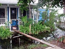 Una casa con inundación que rodea la casa como un río.