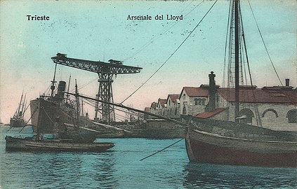 The Lloyd arsenal at Trieste, with shipyard crane, before 1914