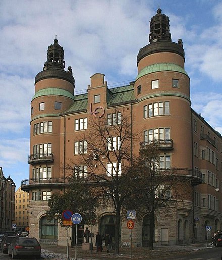 LO-borgen (Swedish: 'the LO-castle'), the landmark LO headquarters building by Swedish architect Ferdinand Boberg, at Norra Bantorget in Stockholm. .mw-parser-output .geo-default,.mw-parser-output .geo-dms,.mw-parser-output .geo-dec{display:inline}.mw-parser-output .geo-nondefault,.mw-parser-output .geo-multi-punct{display:none}.mw-parser-output .longitude,.mw-parser-output .latitude{white-space:nowrap}59°20′8.9″N 18°3′17.2″E﻿ / ﻿59.335806°N 18.054778°E﻿ / 59.335806; 18.054778