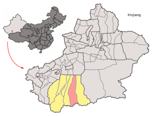 Keriye İlçesi'nin Sincan Uygur Özerk Bölgesideki konumu (pembe)