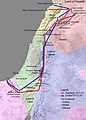Hypotetisk kart over Det lovede land Israel etter definisjoner i Fjerde mosebok 34 (rødt) og Esekiel 47 (blått).