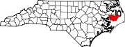 Harta statului North Carolina indicând comitatul Hyde