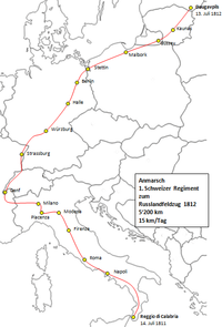 Anmarsch 1. Schweizer Regiment zum Russlandfeldzug 1812 (Karte zeigt heutige Landesgrenzen)