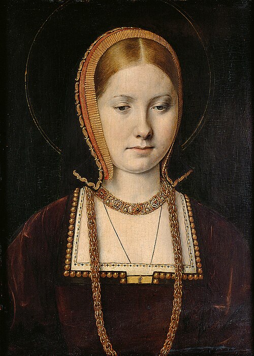 Possible portrait of Mary Tudor as a teenager in the image of the Virgin, possibly Catherine of Aragon