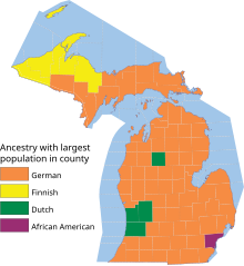 Map showing the largest ancestry group in each county (2008) MichiganAncestry.svg