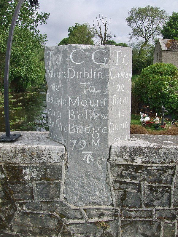 Milestone on Mountbellew Bridge, erected c. 1760. Distances are given in Irish miles.