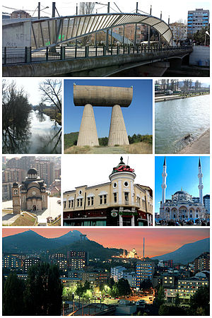 From top (left to right): \nIbar Bridge, Sitnica river, Miners Monument, Ibar River, St. Dimitri Orthodox Church, Former Jadran Hotel, Sand's Mosque, Mitrovica at night panoramic view.