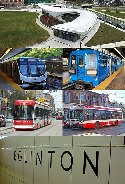 From top, clockwise: York University station, an S-series rapid transit train, a Nova Bus bus, wall tile signage at Eglinton station featuring the Tor