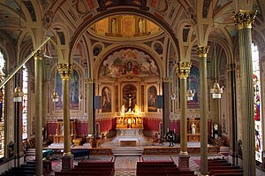 The church nave as seen from the organ loft. Mother of God Church (Covington, Kentucky), interior, nave viewed from the organ loft.jpg