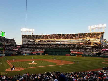 Oakland Coliseum's Mount Davis with fans seated there during a Bay Bridge Series game between the Athletics and Giants on August 24, 2019.