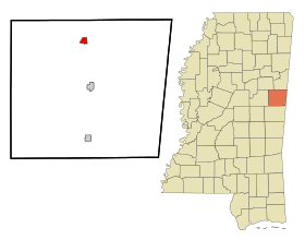 Noxubee County Mississippi Incorporated and Unincorporated areas Brooksville Highlighted.svg