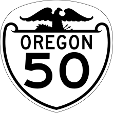 1940s-style sign for Oregon Route 50, incorporating the Seal of Oregon OR 50 1948.svg