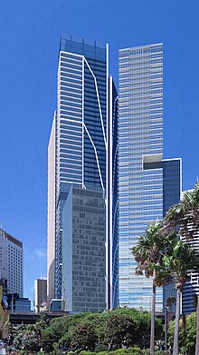 Artist's impression of the replacement development, with the Waldorf Astoria on the left and the residential tower on the right. One Circular Quay Photomontage.jpg