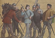 Joan in men's clothes standing by horse with three soldiers to her right and two soldiers and her uncle to her left.