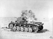 Panzer II burning in Libya, 1941 Panzer II hit near Tobruk 1941.jpg