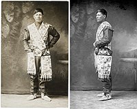 Portrait of Pete Moos, Mille Lacs Band of Ojibwe, c1913 by photographer Ross A. Daniels. The photo shows the two gashkibidaaganag (bandolier bags) and the spot-stitch applique featuring complex layered and assembled motifs that are associated with the Mille Lacs Band. Pete Moos-Mille Lacs Band-c1913-Bandolier Bag.jpg