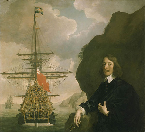 HMS Sovereign of the Seas, with its architect Peter Pett; built in 1634, it carried over 100 guns, while the largest Dutch ships had a complement of 6