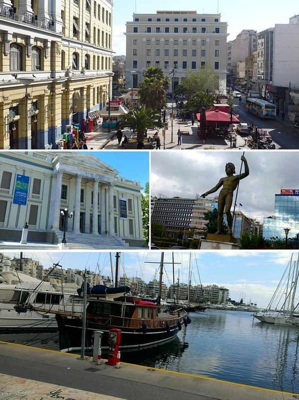 Clockwise: Piraeus station, a statue of Poseidon, Mikrolimano and Piraeus Municipal Theatre