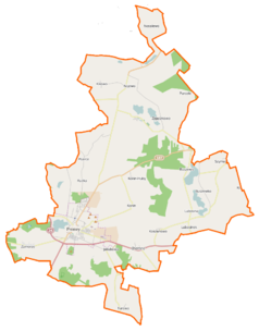 Mapa konturowa gminy Pniewy, u góry znajduje się owalna plamka nieco zaostrzona i wystająca na lewo w swoim dolnym rogu z opisem „Orliczko”