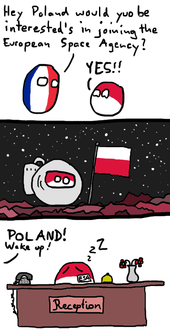 A 2012 comic featuring an extension of the "Poland cannot into space" [sic] catchphrase. The comic references Poland joining the European Space Agency in 2012. Poland can into the European Space Agency.png