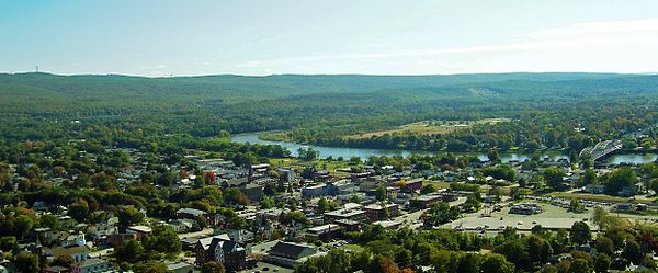 A view of Port Jervis showing the Mid-Delaware Bridge to Matamoras, Pennsylvania on the far right and New Jersey's High Point on the Kittatinny Ridge 