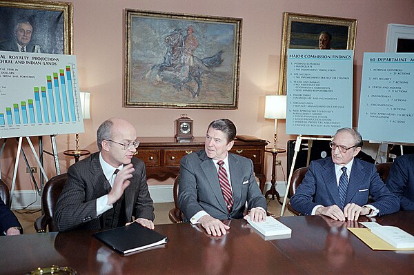 President Reagan (center) during a meeting with members of the President's Commission on Fiscal Accountability, including Watt (left) and David Linowe