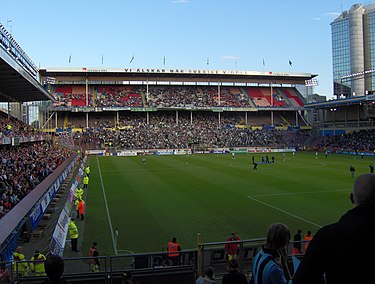Rasunda Stadium in 2007. For the 1912 Summer Olympics in neighboring Stockholm, the venue hosted some of the football and shooting events. Rasunda, south stand June 19.JPG