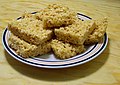 Commercially-prepared Rice Krispies Treats made from puffed rice mixed with marshmallow