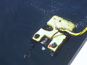 Figure 4: An acoustic release interrogator (A) is mounted on a ROV, allowing the ROV to home in on the acoustic release to observe or recover in case of a release failure. ROV with Acoustic Release Interrogator.jpg