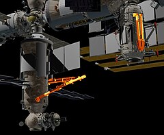 The European Robotic Arm is shown on the left attached to Nauka, the space elbow joint with 2 limbs is shown on the right, attached to Rassvet