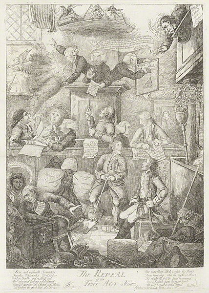 Joseph Priestley, Richard Price and Theophilus Lindsay in the pulpit, in a 1790 engraving satirising the campaign to have the Test Act repealed