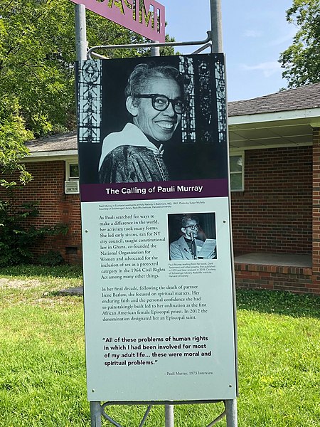 An exhibit on the religious life of Pauli Murray in front of the Murray family home in Durham, North Carolina