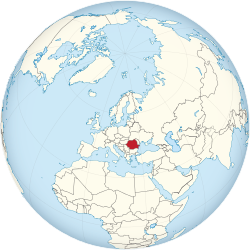 Romania on the globe (Europe centered)