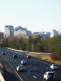 Reston, an internationally known planned community,[48] seen from the Dulles Toll Road